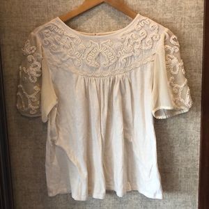 Anthropology Embroidery Appliqué Top Small Cream